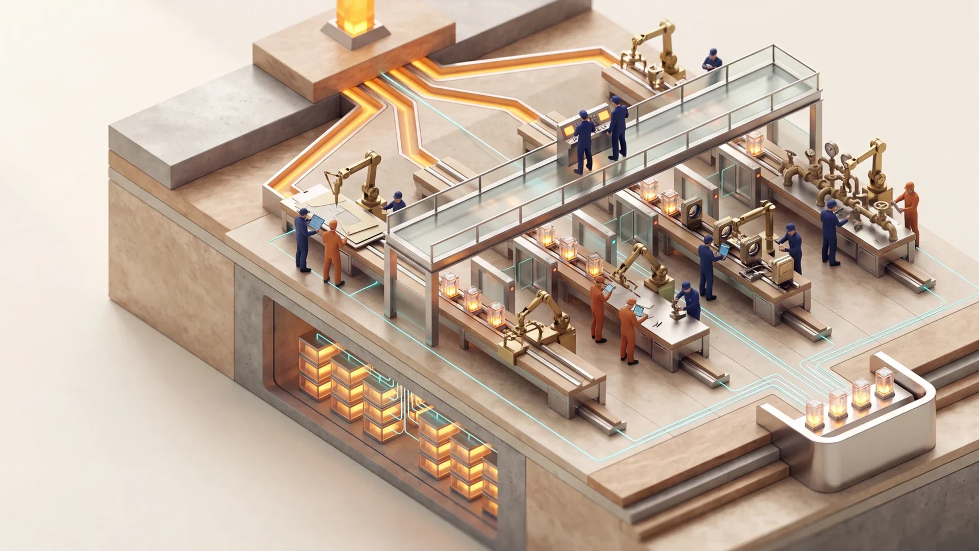 A miniature coordination floor: a single lit goal marker on a raised dais fans into four parallel work lanes, each with its own specialised tooling and machine arm working alongside people, all passing beneath a raised gantry where two supervisors control a gate the work must clear, with a glowing shared-memory vault beneath the floor feeding every lane and finished modules collecting at the front.