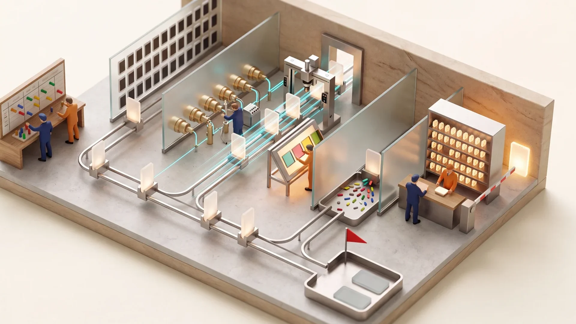 A miniature inspection hall: software modules travel a rail from a test-planning board through five parallel bays checking devices, interfaces, load, accessibility and AI behaviour, with failed modules diverted to a red-flagged holding tray while passing ones reach a review desk where people check a rack of accumulated evidence before a gate releases the approved release.
