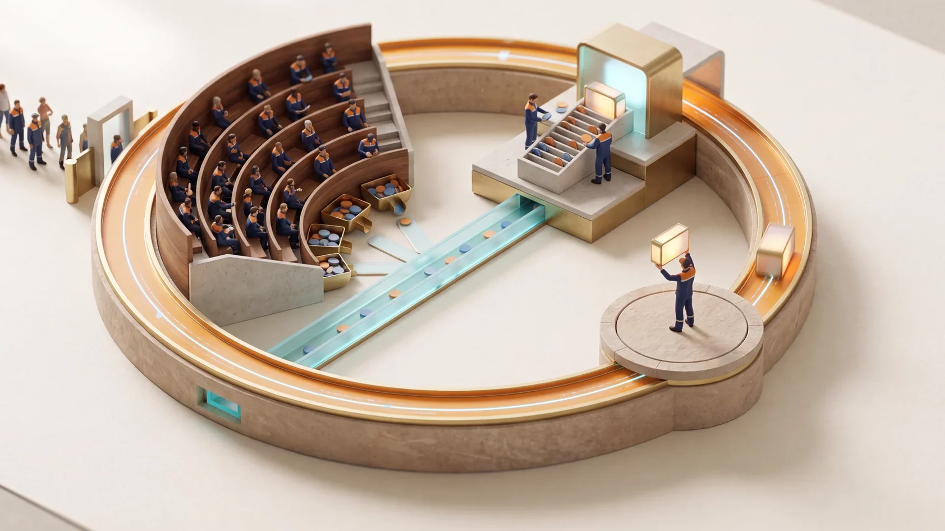 A miniature closed loop: a founder on a broadcast platform releases a lit product update, a tiered audience gallery drops feedback tokens into collectors below the seating, those tokens travel to a workbench where they are sorted and built into an improved version, and the circuit returns to a fuller audience with newcomers queueing at the intake gate.