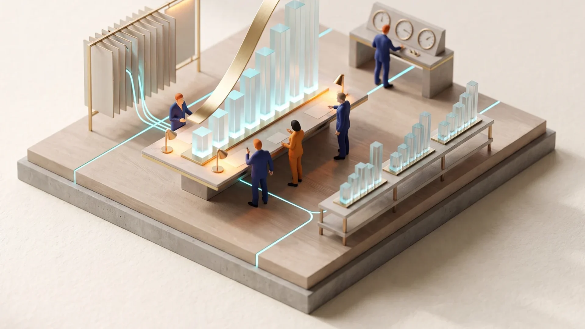 A miniature planning studio: a founding team studies a lit bar-chart forecast rising left to right beneath a brass trend curve that climbs to a funding milestone beacon, with three alternative scenario models racked alongside for comparison and a stack of business-plan documents linked into the same model.