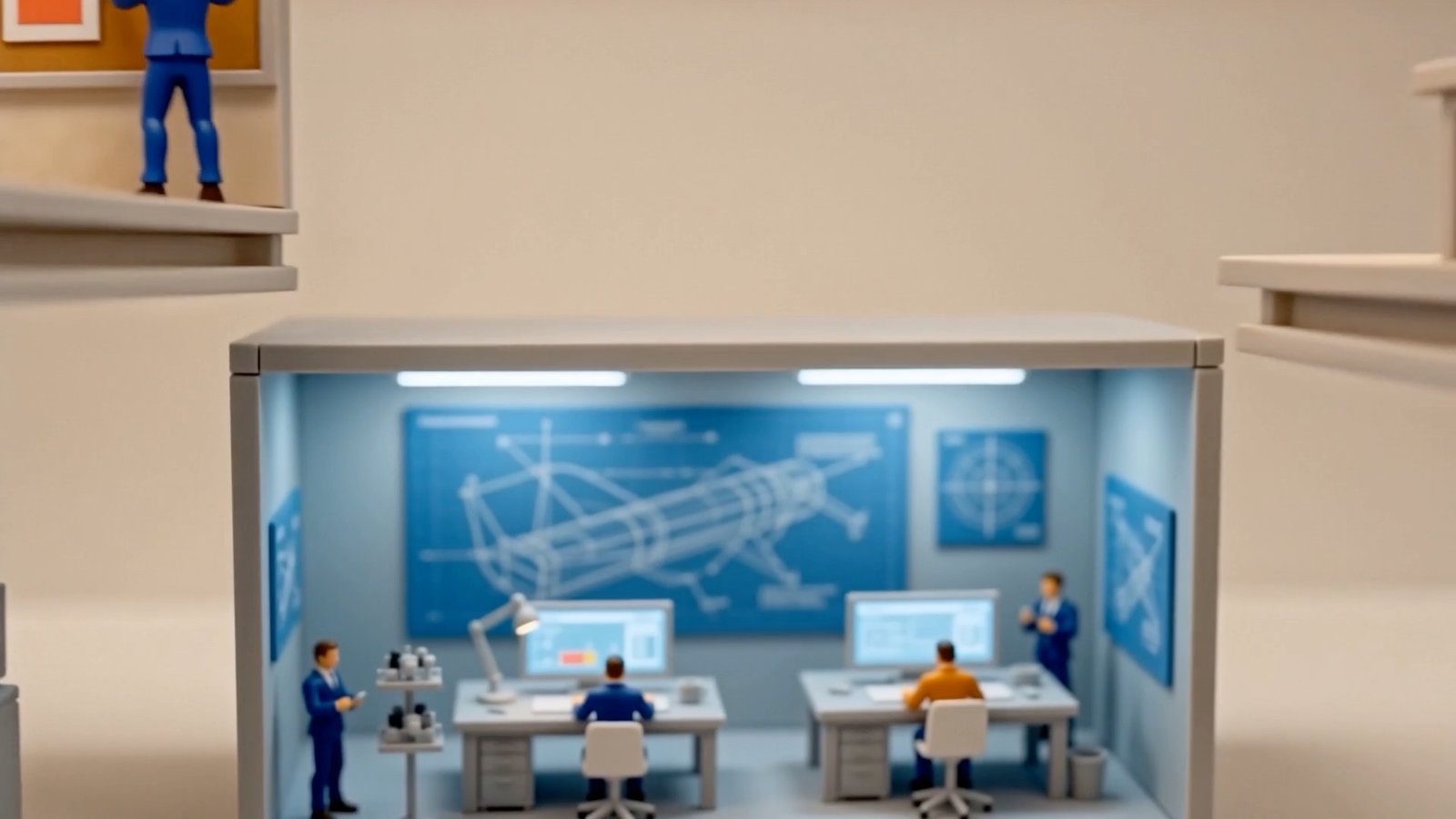 Design — miniature foundry diorama. Strategy becomes an experience people can use.